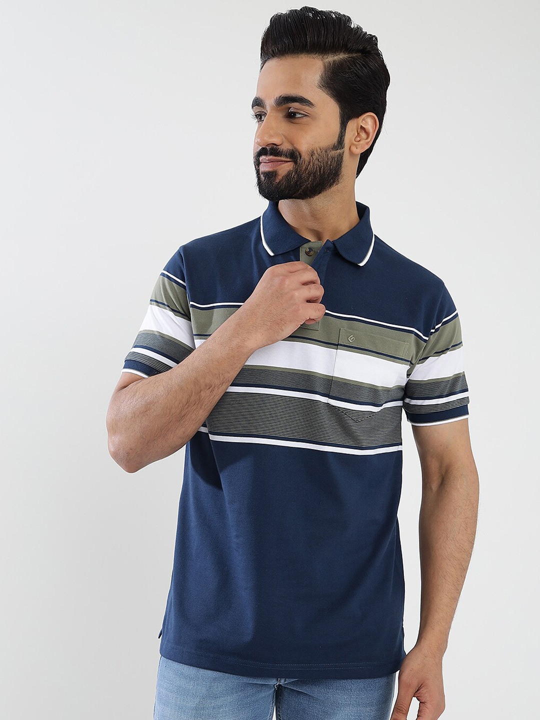 

Greenfibre Men Striped Polo Collar Pockets Slim Fit T-shirt, Navy blue