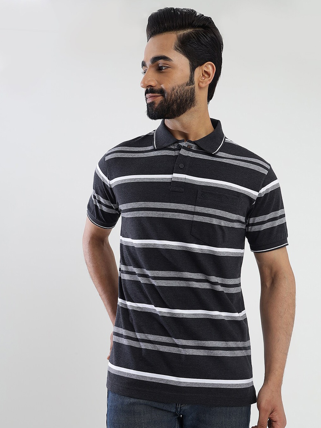 

Greenfibre Men Striped Polo Collar Pockets Slim Fit T-shirt, Grey