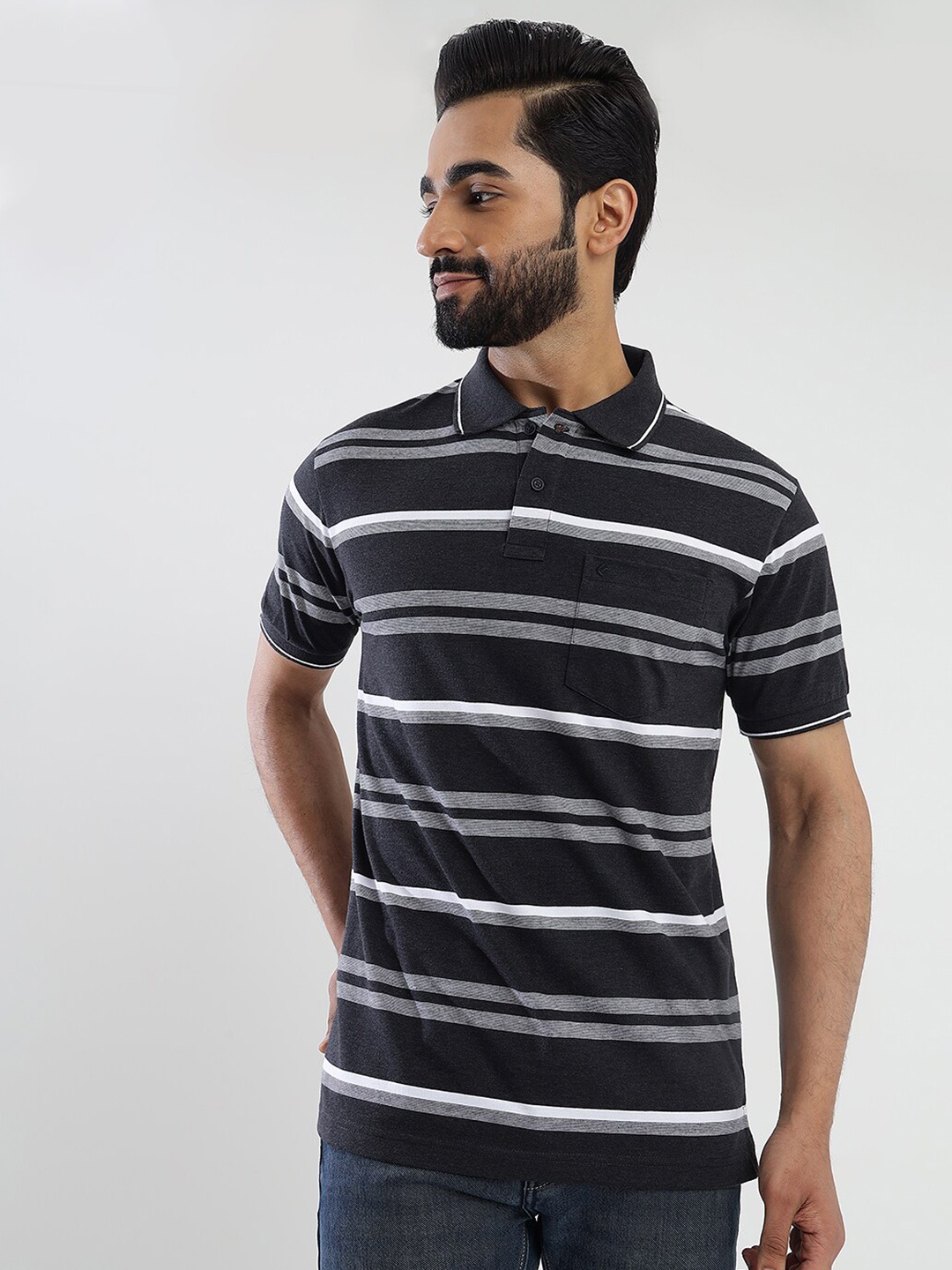 

Greenfibre Men Striped Polo Collar Pockets Slim Fit T-shirt, Grey