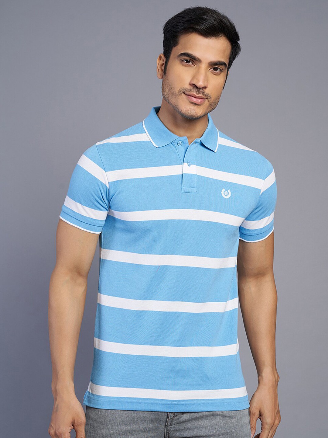 

Greenfibre Men Striped Polo Collar Pockets Slim Fit T-shirt, Blue