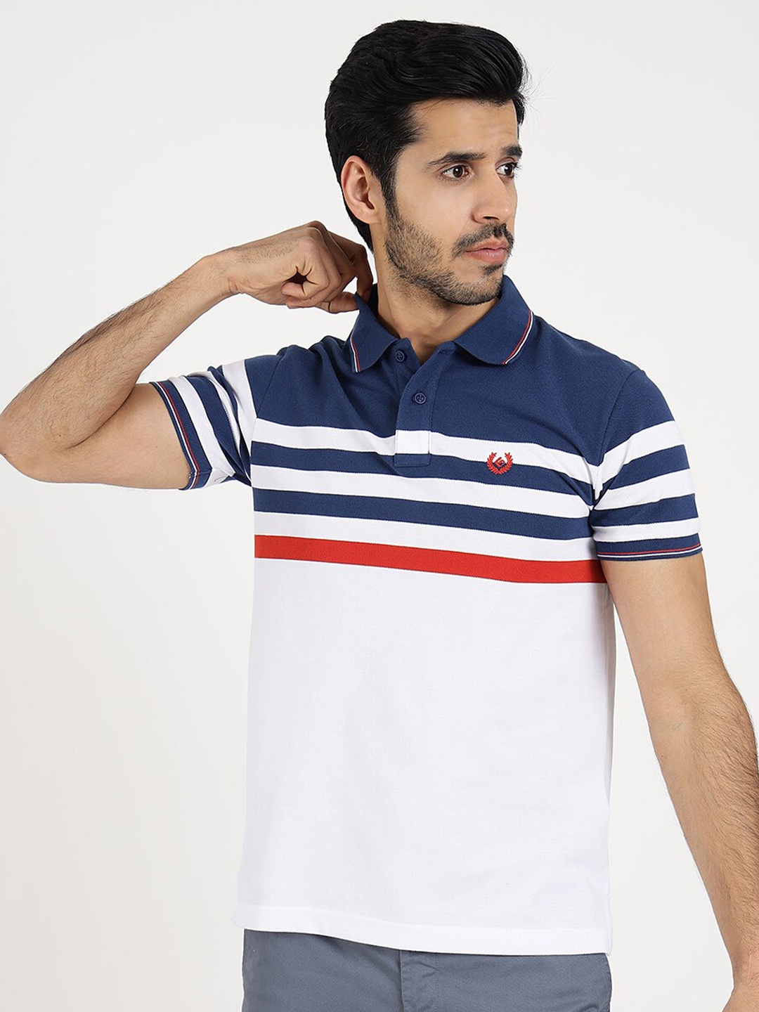 

Greenfibre Men Striped Polo Collar Slim Fit T-shirt, White