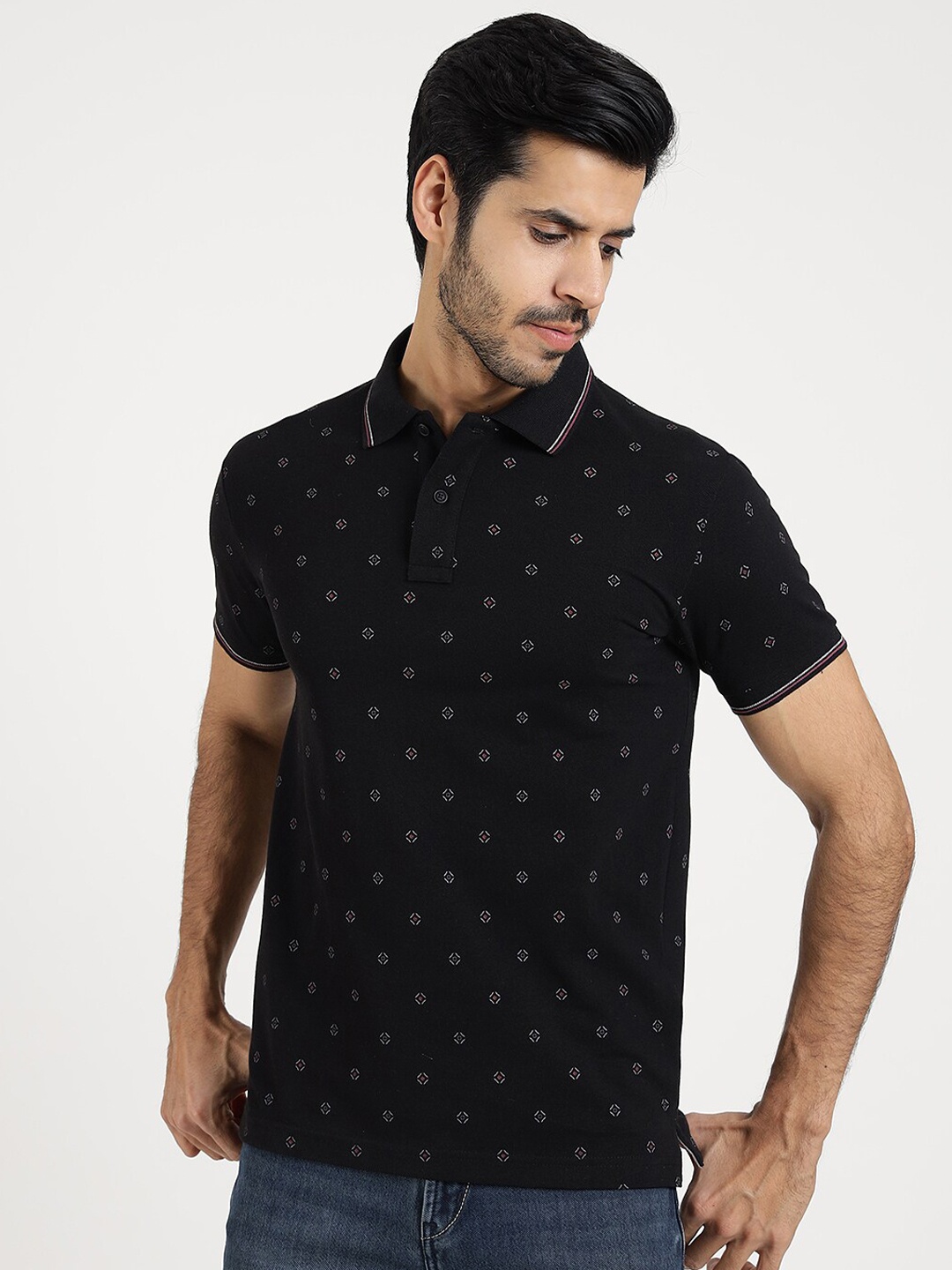 

Greenfibre Men Printed Polo Collar Applique Slim Fit T-shirt, Black