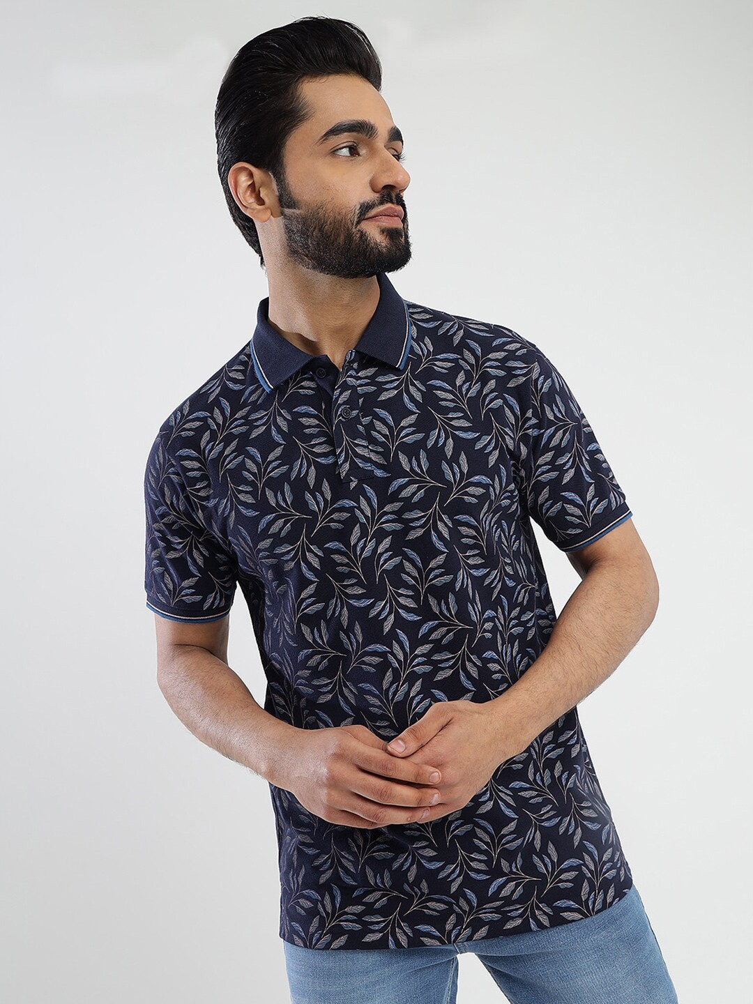 

Greenfibre Floral Printed Polo Collar Slim Fit T-shirt, Navy blue