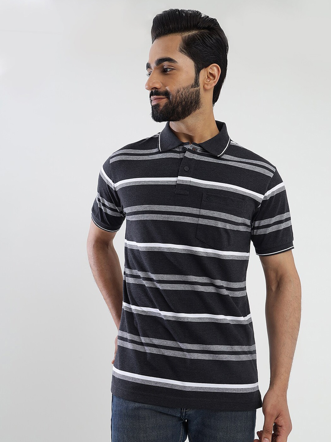 

Greenfibre Men Striped Polo Collar Pockets Slim Fit T-shirt, Grey