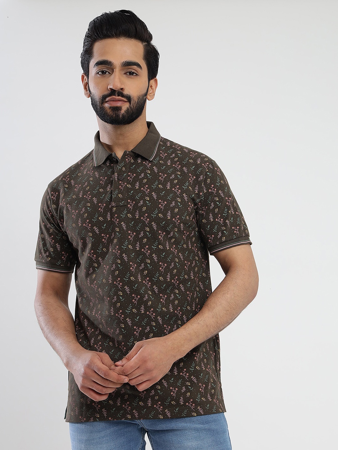 

Greenfibre Men Floral Printed Polo Collar Pockets Slim Fit T-shirt, Khaki