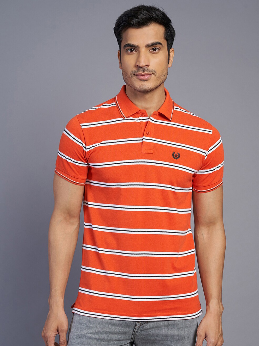 

Greenfibre Men Striped Polo Collar Slim Fit T-shirt, Orange