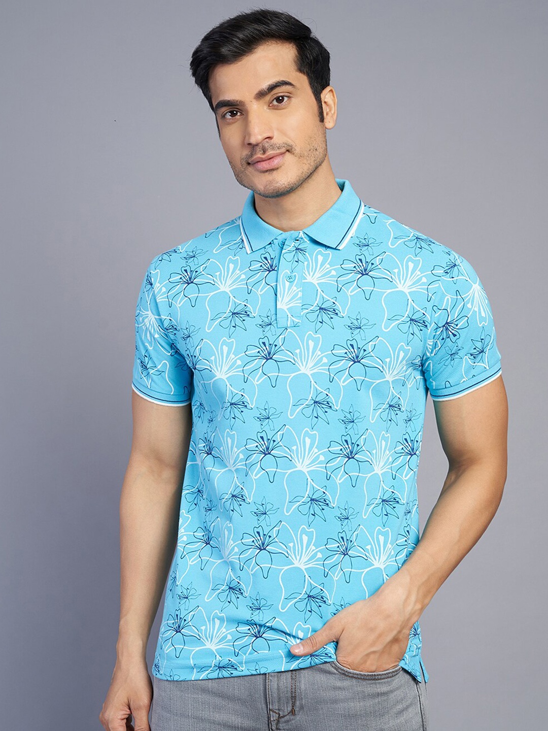 

Greenfibre Men Printed Polo Collar Tropical Raw Edge Slim Fit T-shirt, Blue