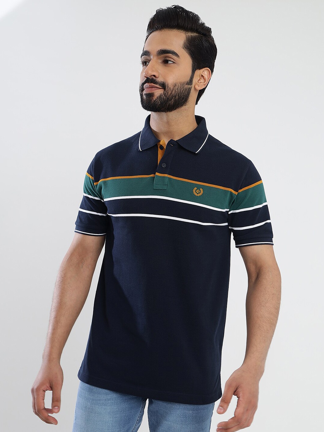 

Greenfibre Men Striped Polo Collar Pockets Slim Fit T-shirt, Navy blue