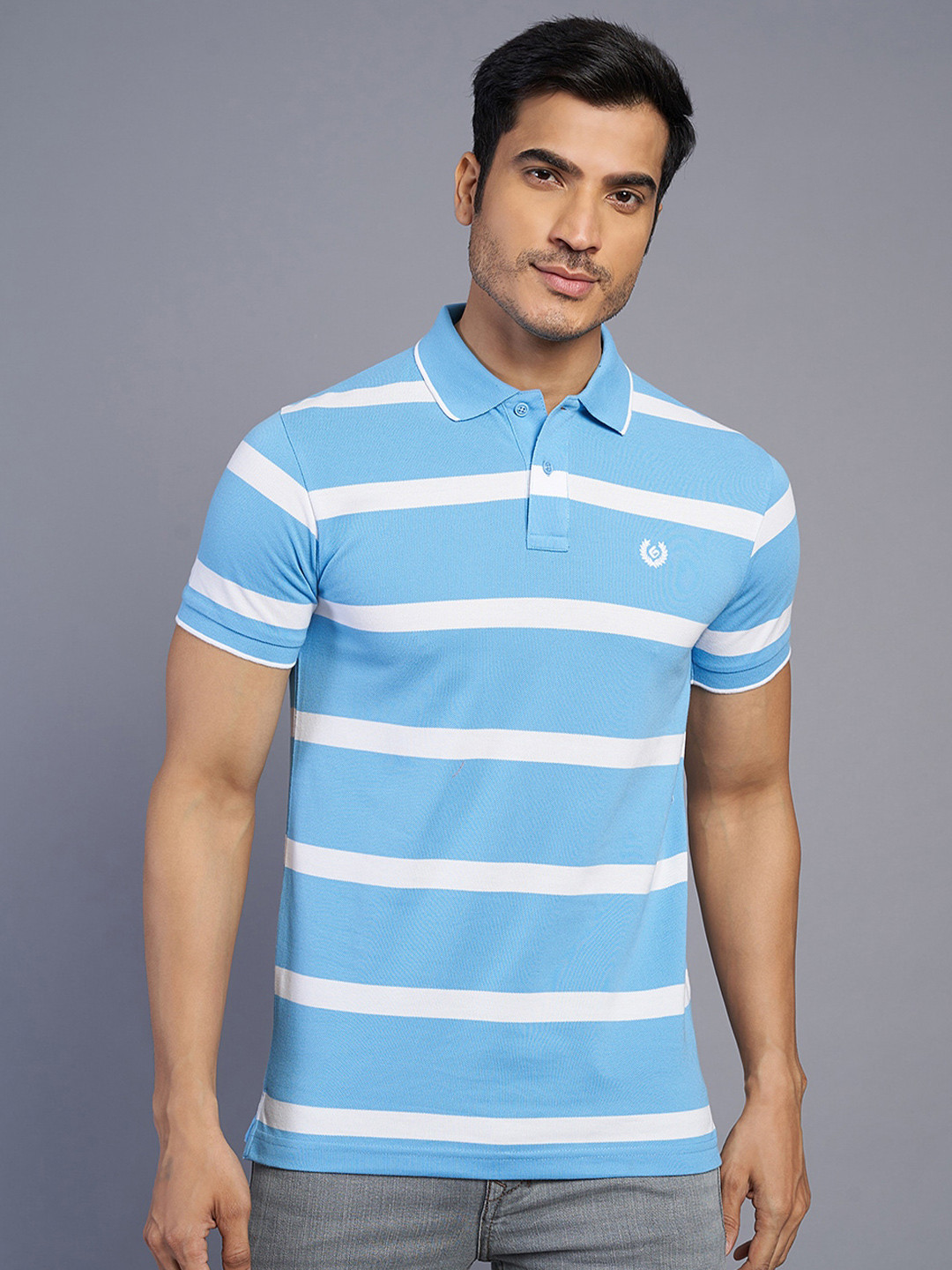 

Greenfibre Men Striped Polo Collar Pockets Slim Fit T-shirt, Blue