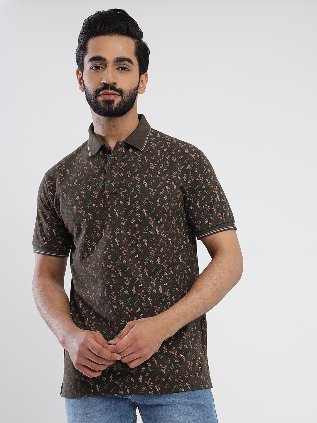 

Greenfibre Men Floral Printed Polo Collar Slim Fit T-shirt, Khaki