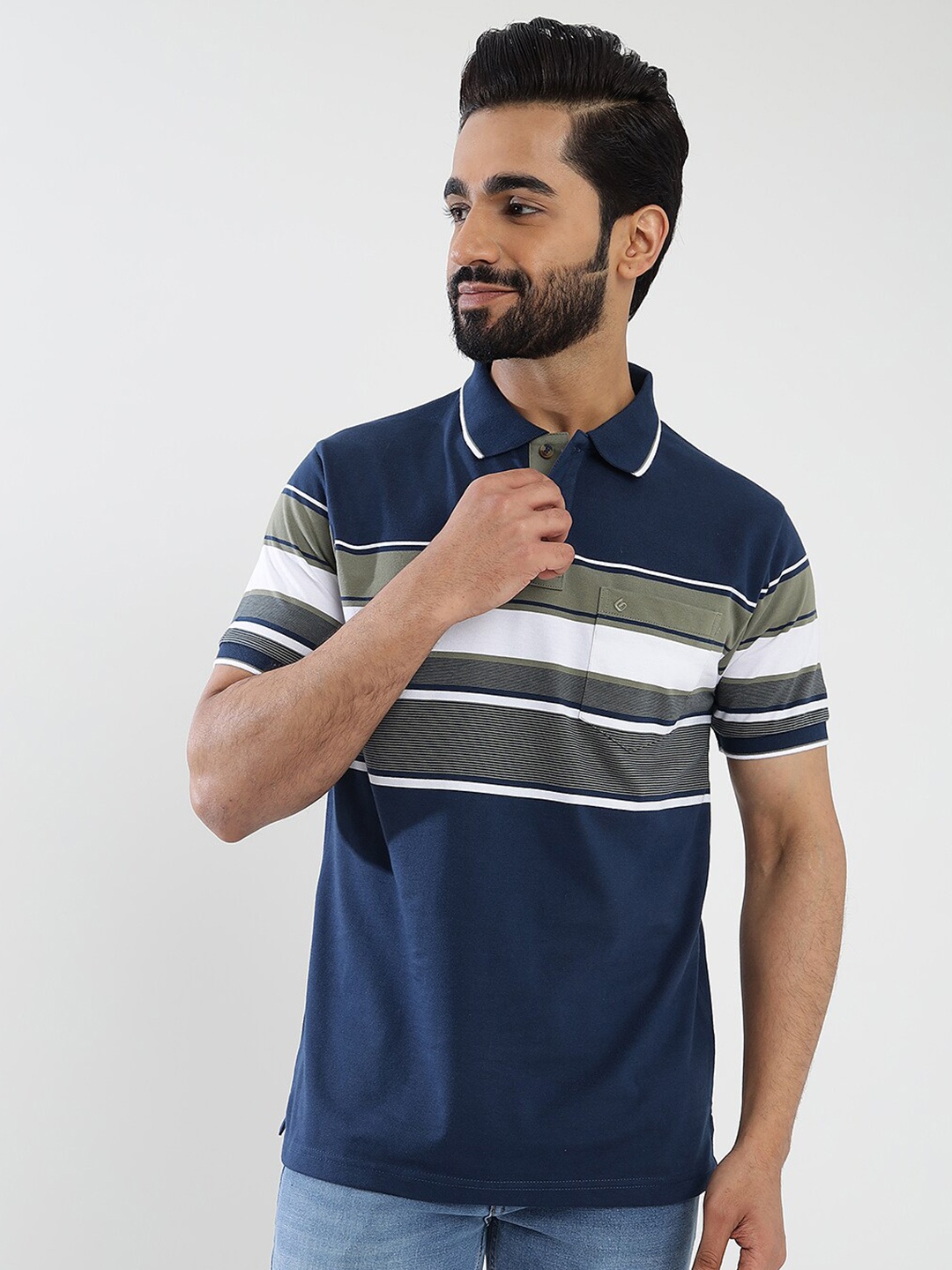 

Greenfibre Men Striped Polo Collar Pockets Slim Fit T-shirt, Navy blue
