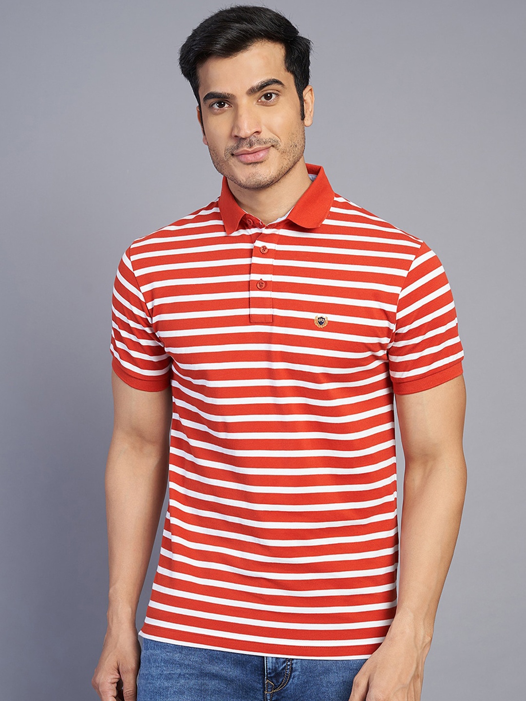 

JADE BLUE Men Striped Polo Collar Slim Fit T-shirt, Red