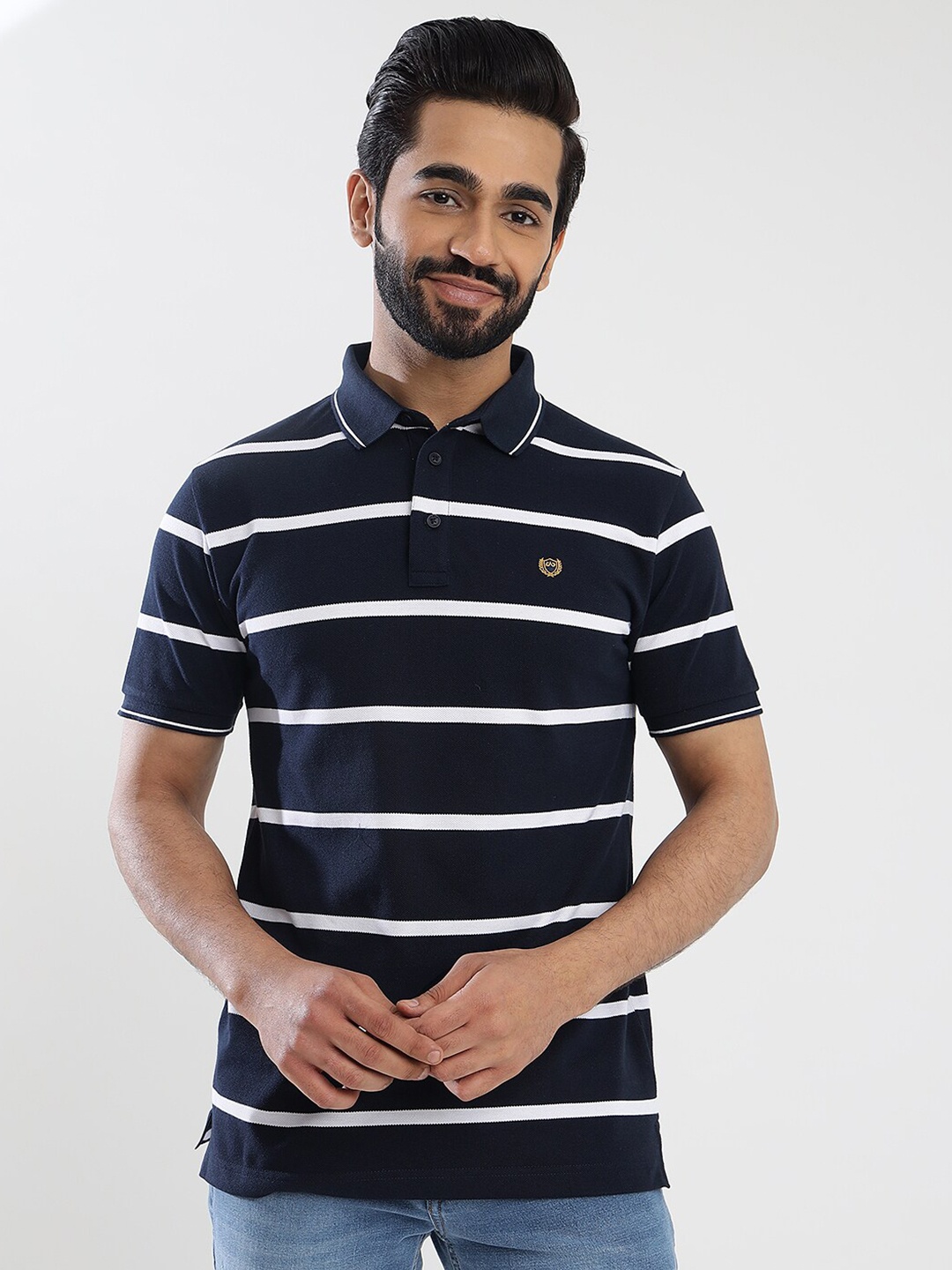 

JADE BLUE Men Striped Polo Collar Applique Slim Fit T-shirt, Navy blue