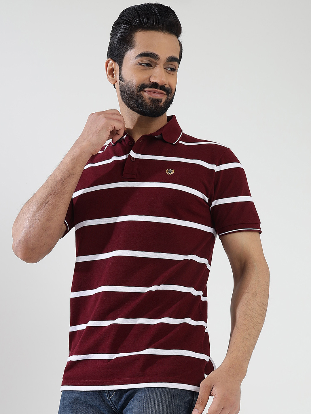 

JADE BLUE Striped Polo Collar Pure Cotton Slim Fit T-shirt, Maroon