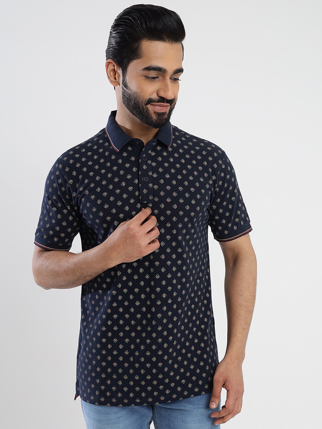 

JADE BLUE Men Printed Polo Collar Pockets Slim Fit T-shirt, Navy blue