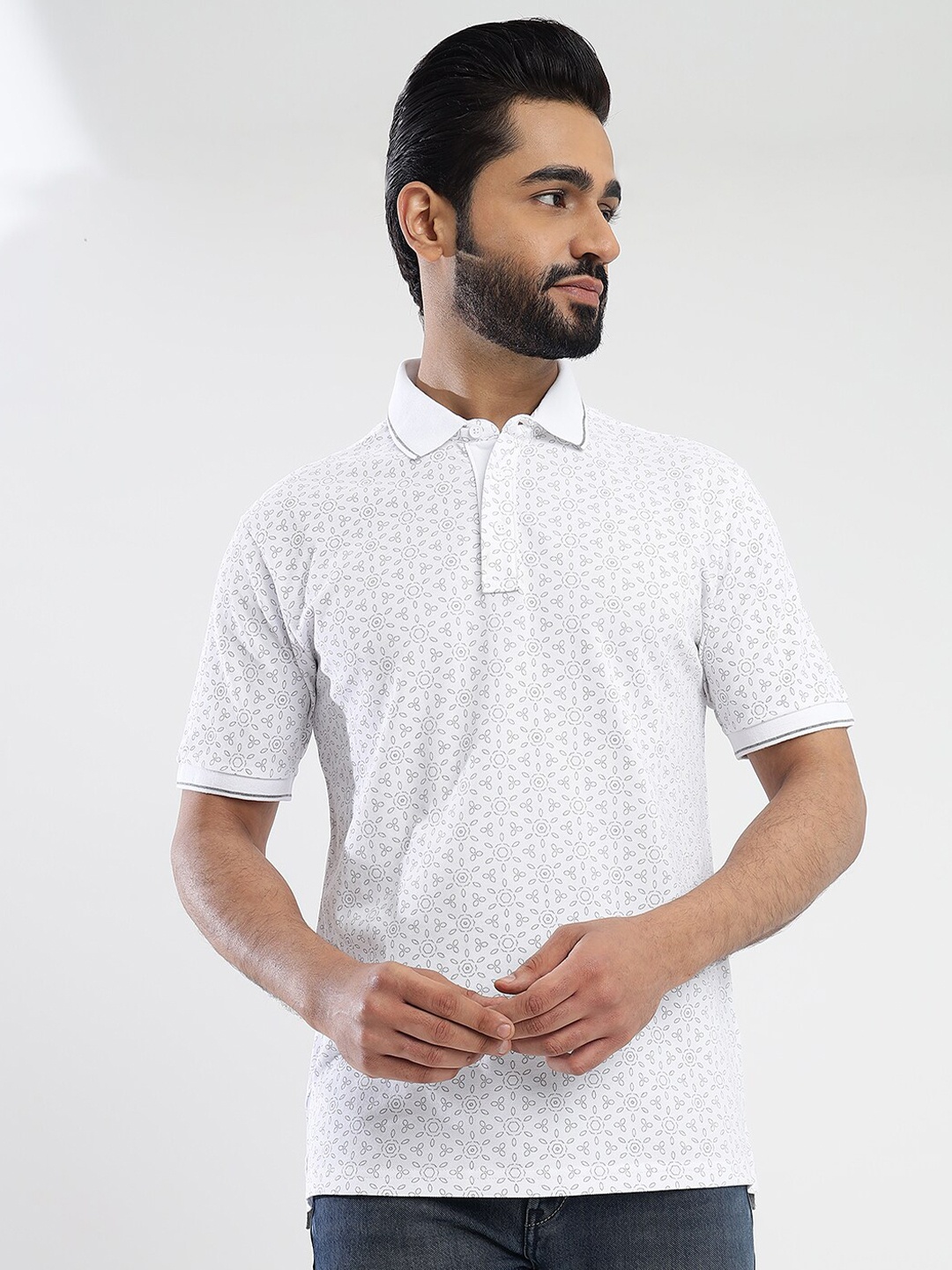 

JADE BLUE Floral Printed Polo Collar Pure Cotton Slim Fit T-shirt, White