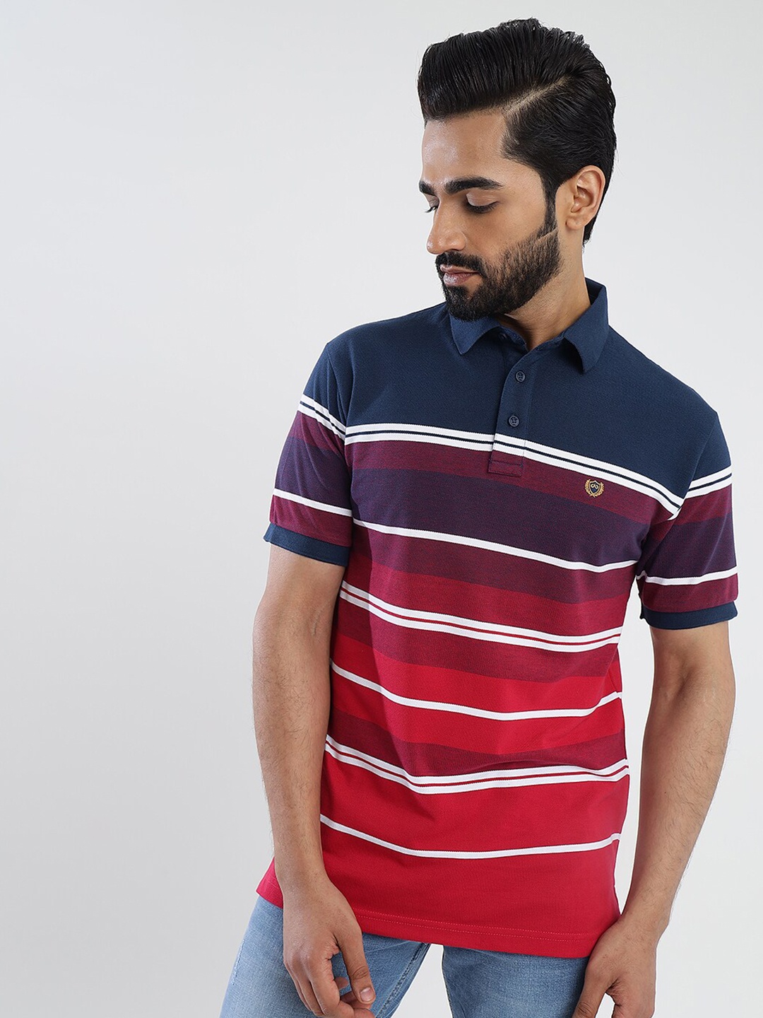 

JADE BLUE Men Striped Polo Collar Slim Fit T-shirt, Multi