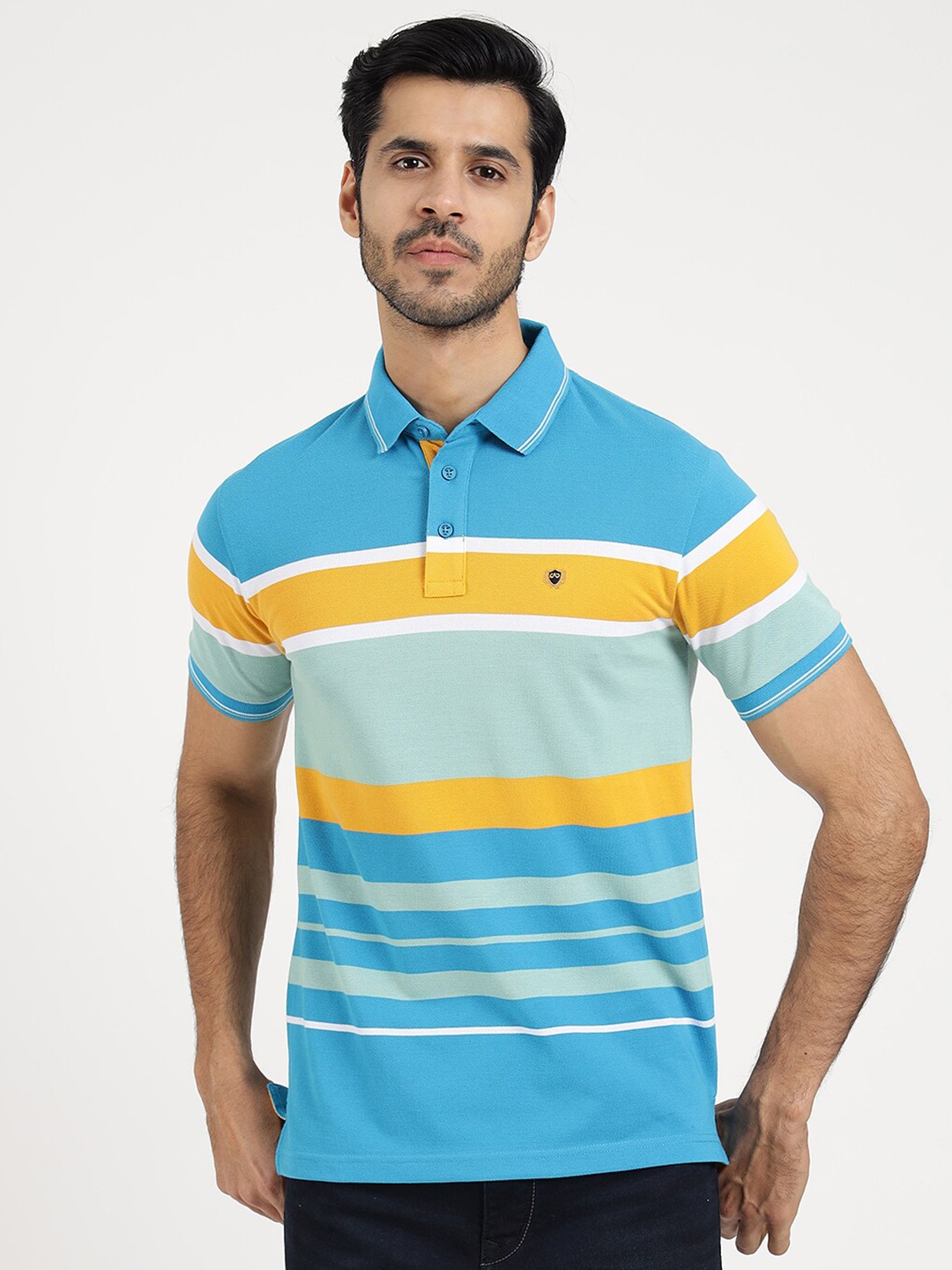 

JADE BLUE Men Striped Polo Collar Applique Slim Fit T-shirt