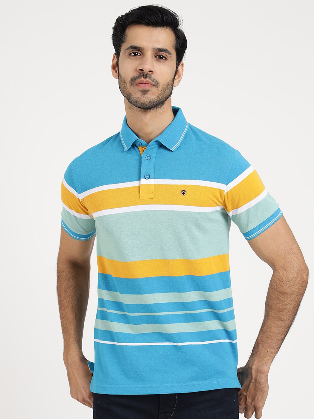 

JADE BLUE Men Striped Polo Collar Applique Slim Fit T-shirt