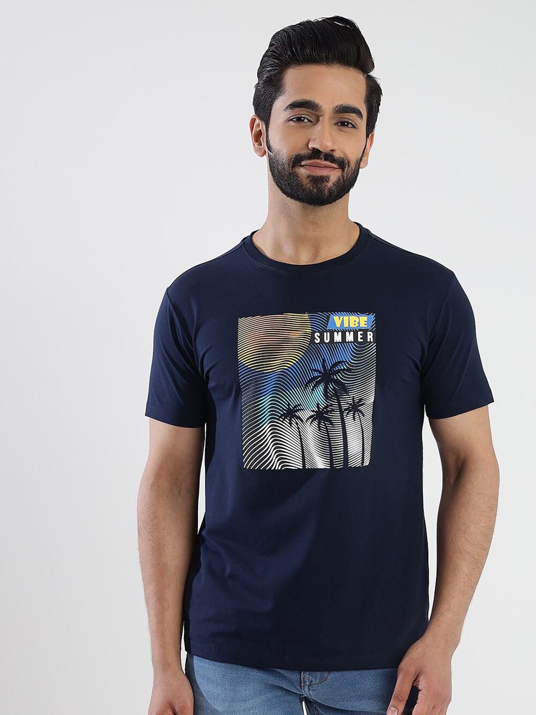 

JADE BLUE Men Printed PSlim Fit T-shirt, Navy blue