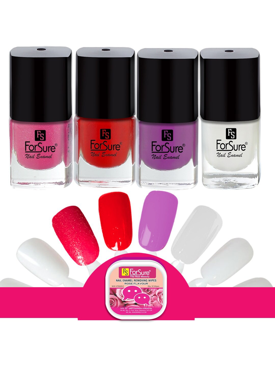 

ForSure Trendy Set Of 4 Nail Enamel-5ml Each - Deep Red-Glitter Pink-Purple-White, Multi