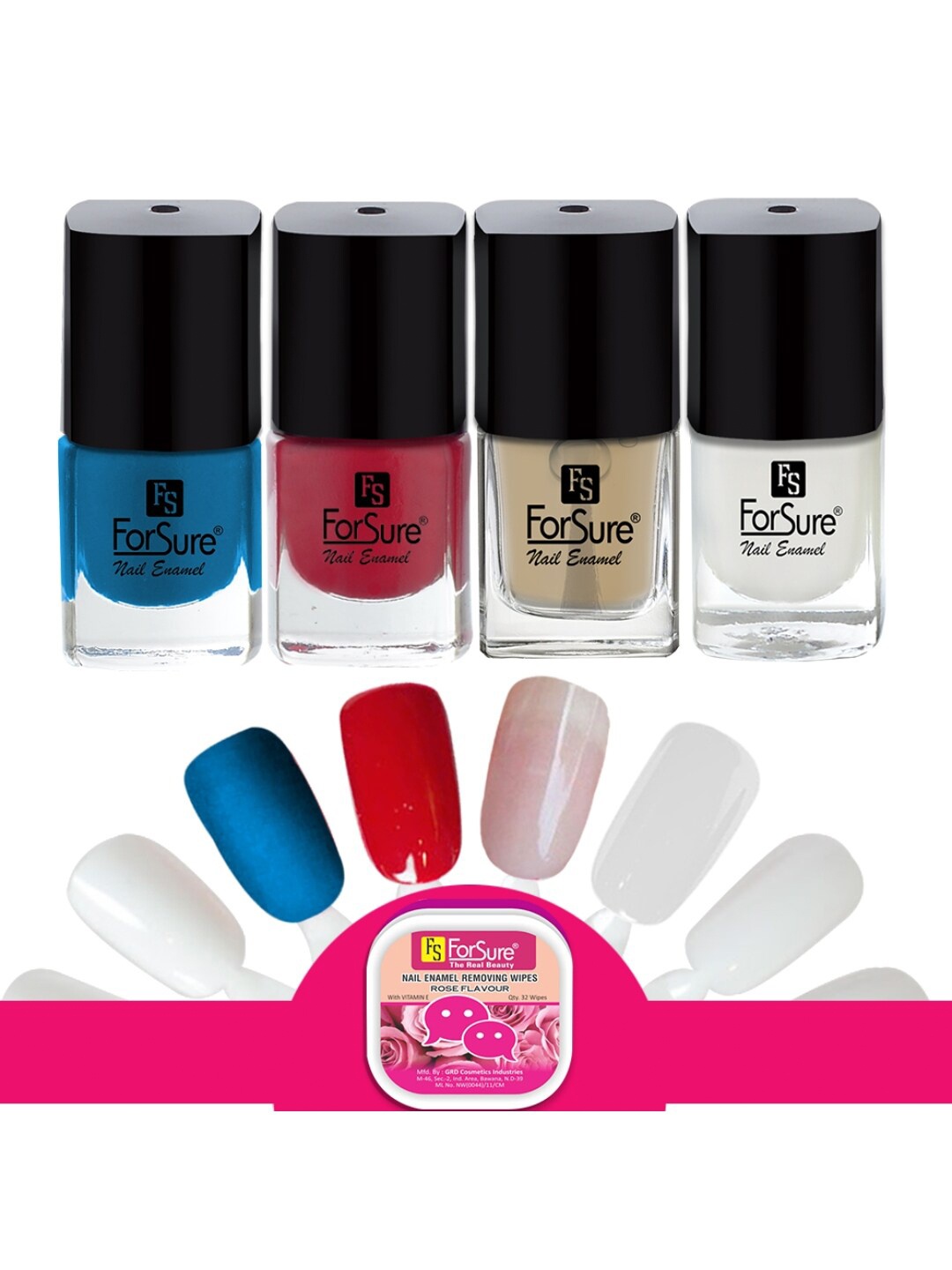 

ForSure Trendy Set Of 4 Nail Enamel-5ml Each -Deep Red-Blue-Nude-White, Multi