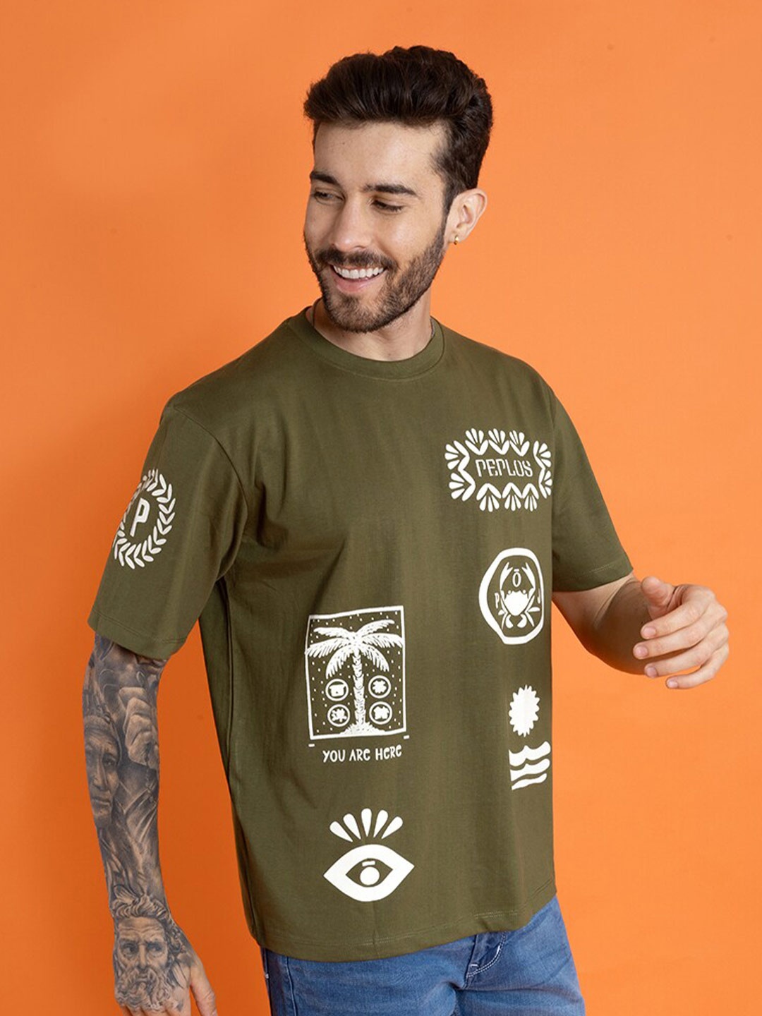 

PEPLOS Men Sports Printed Applique T-shirt, Green