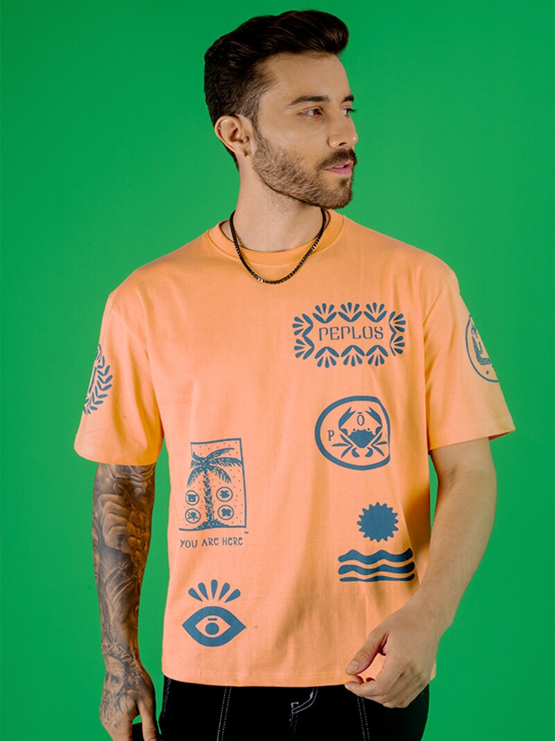 

PEPLOS Men Typography Printed Applique T-shirt, Orange