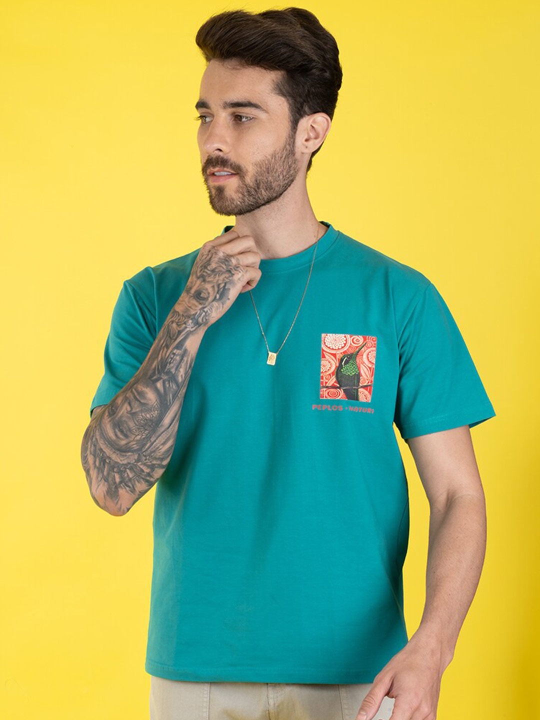 

PEPLOS Men Printed Applique T-shirt, Turquoise blue