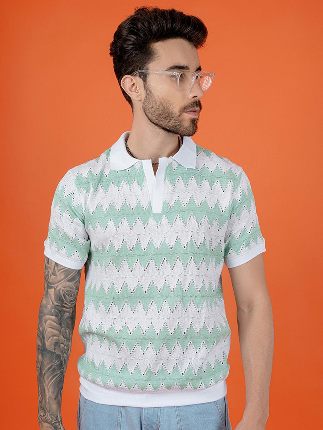 

PEPLOS Men Striped Polo Collar Tropical Pockets T-shirt, Sea green