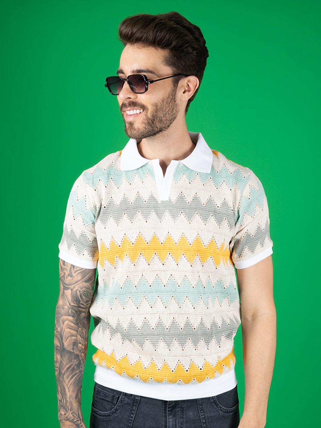 

PEPLOS Men Striped Polo Collar Pockets T-shirt, Multi