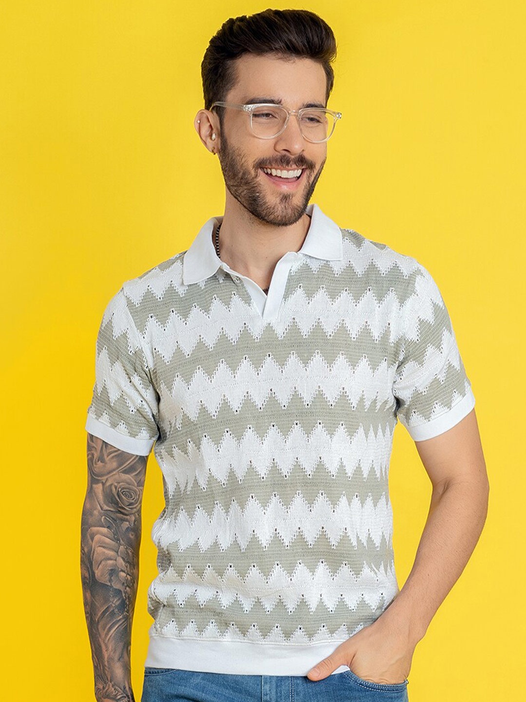 

PEPLOS Men Striped Polo Neck T-shirt, Grey