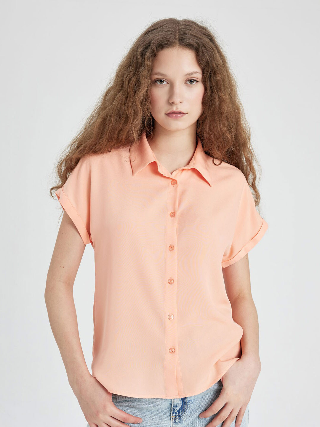 

DeFacto Women Opaque Casual Cotton Shirt, Peach
