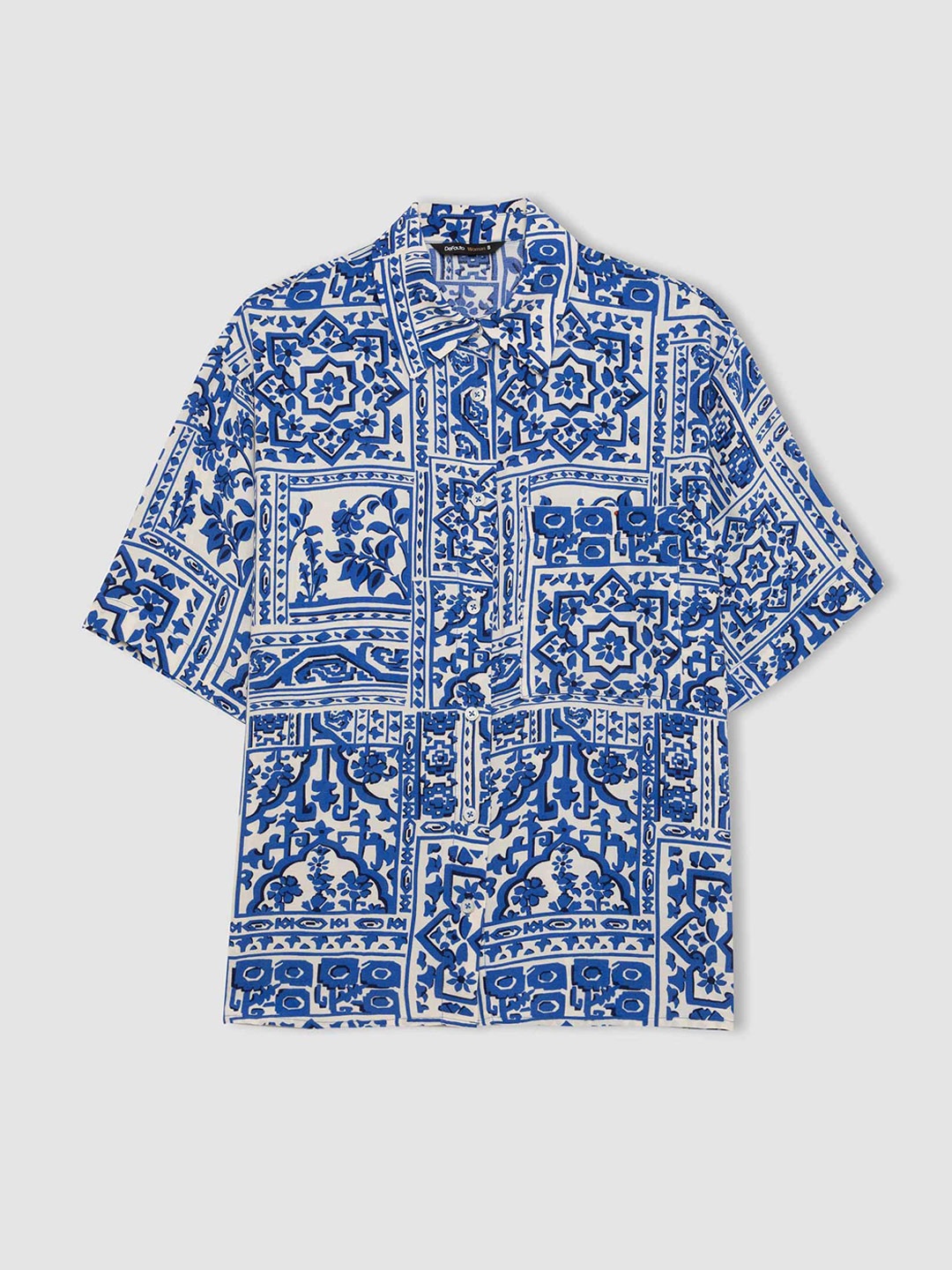 

DeFacto Women Opaque Printed Casual Cotton Shirt, Blue