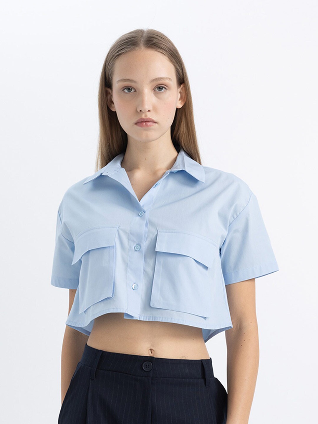 

DeFacto Women Opaque Casual Cotton Shirt, Blue