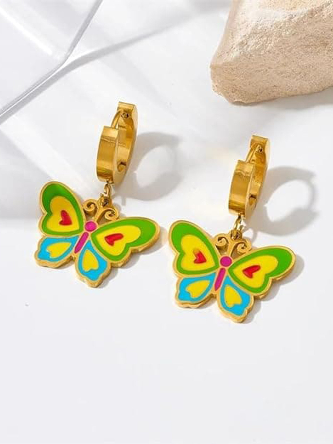 

KRYSTALZ Gold-Plated Stainless Steel Enamelled Butterfly Shaped Drop Earrings