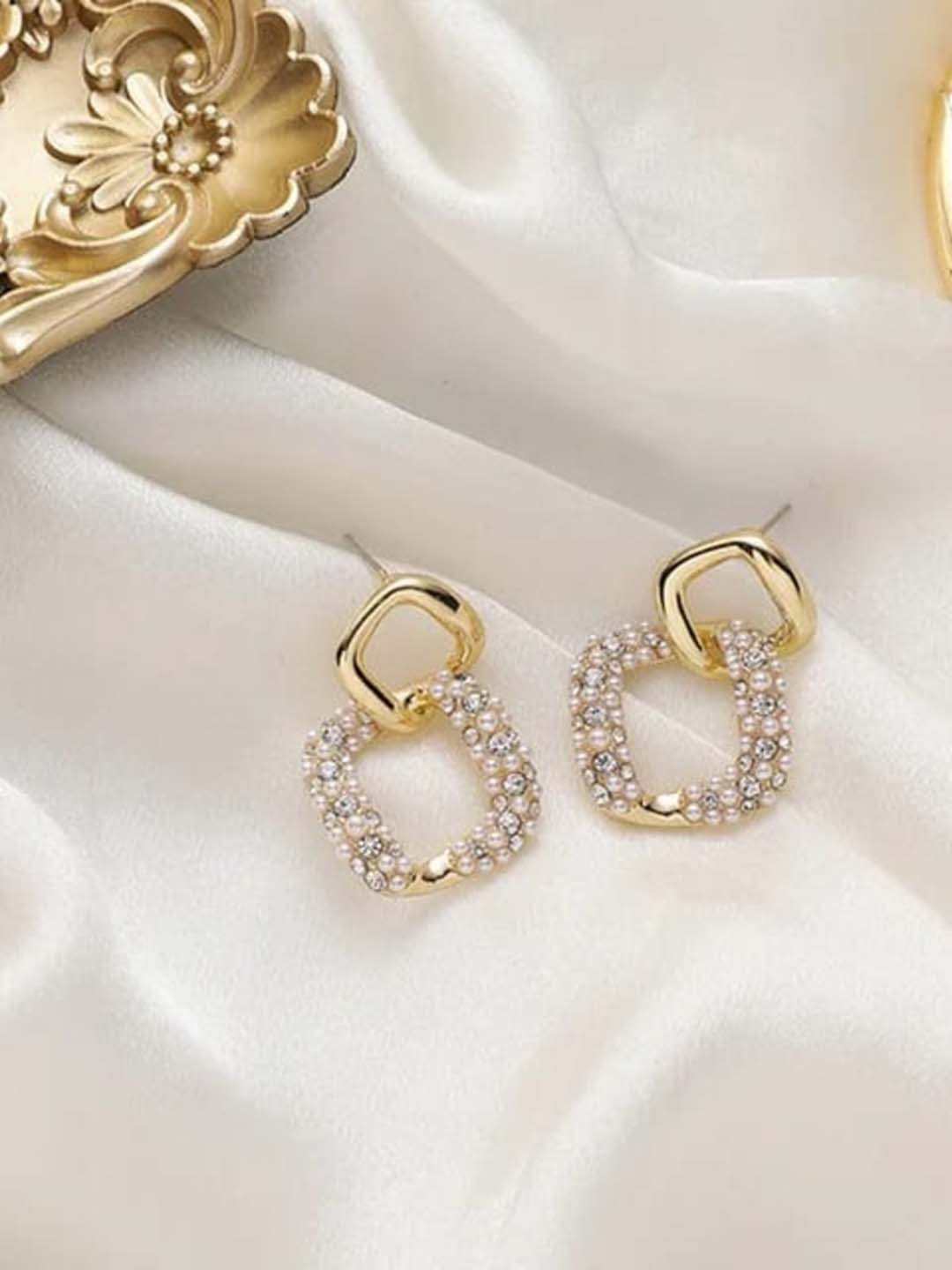

KRYSTALZ Gold-Plated Square Stones Studded Drop Earrings