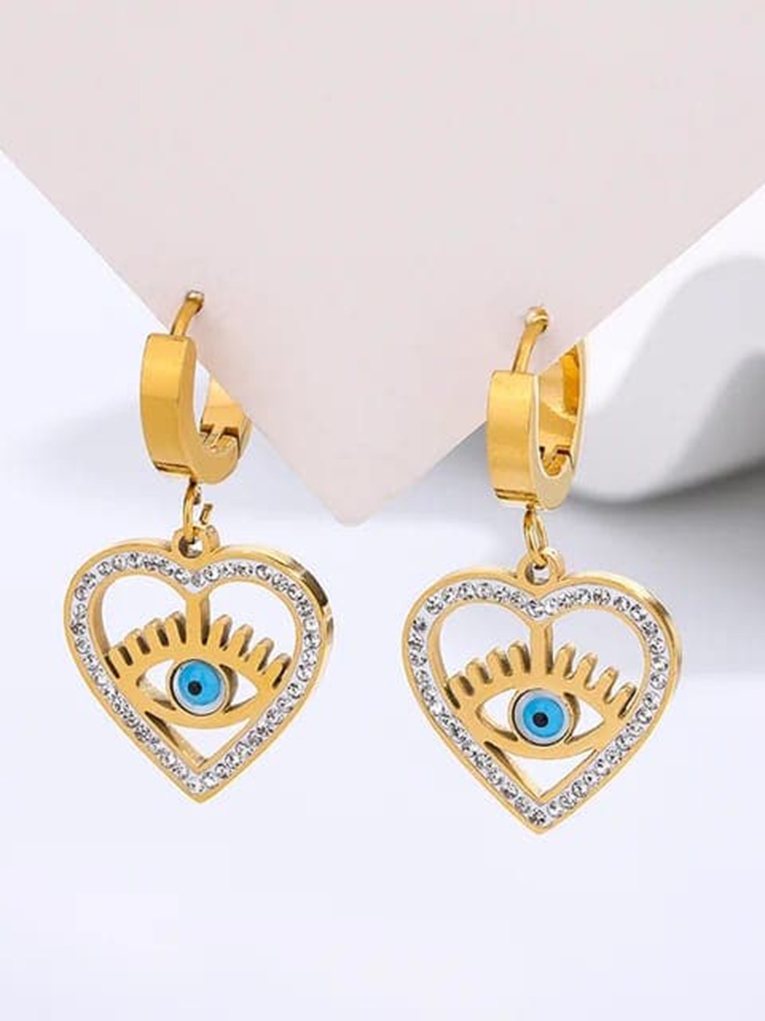 

KRYSTALZ Gold-Plated Stainless Steel Stone-Studded Heart Shaped Drop Earrings