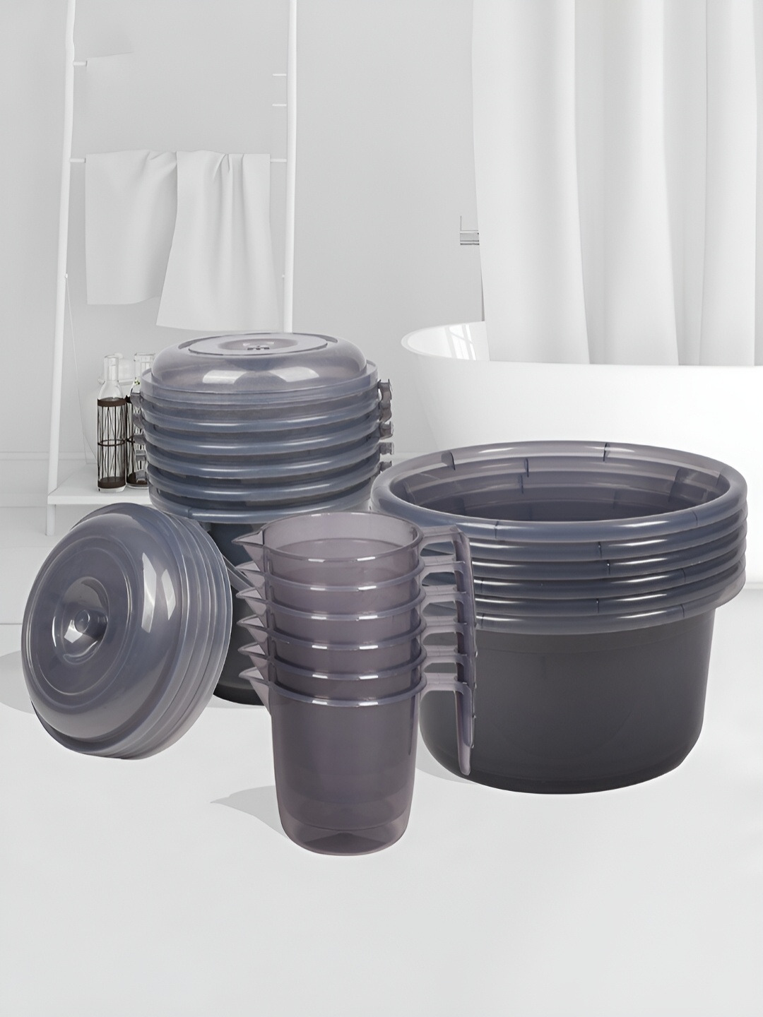 

Kuber Industries Grey 18 Pieces Tub With Bucket & Mug