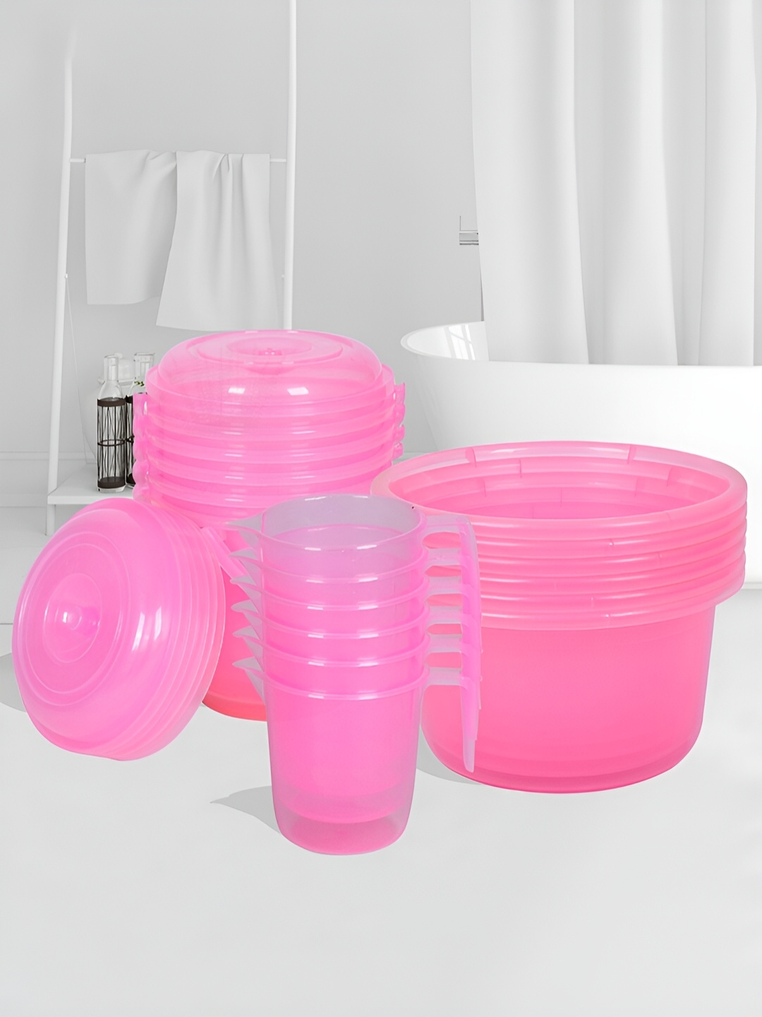 

Kuber Industries Transparent Pink 18 Pieces Bath Accessories Set