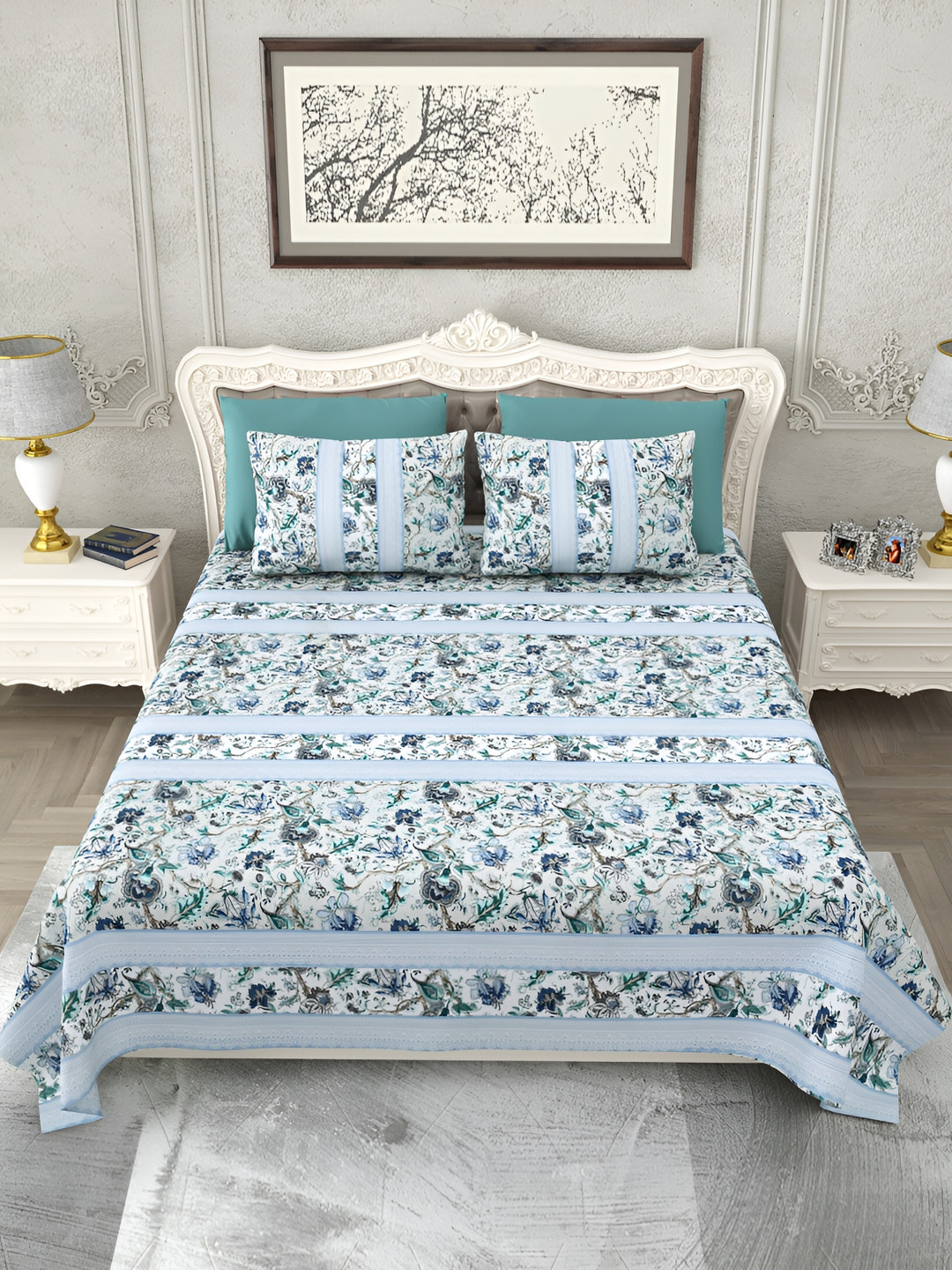 

SHOOLIN Green & White Floral Pure Cotton King Bedsheet with 2 Pillow Covers