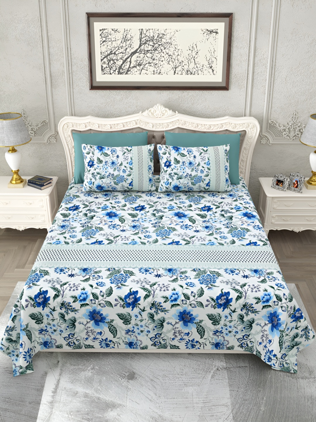 

SHOOLIN White & Green Floral Printed King Bedsheet with 2 Pillow Covers