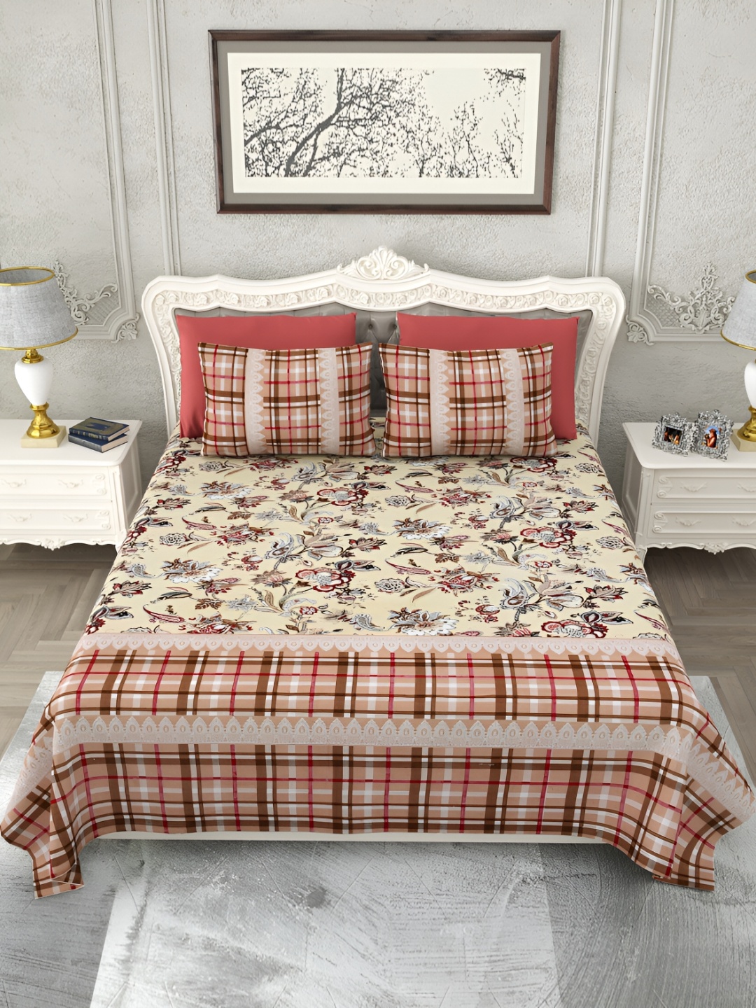 

SHOOLIN Beige & Red Floral Printed King Bedsheet with 2 Pillow Covers