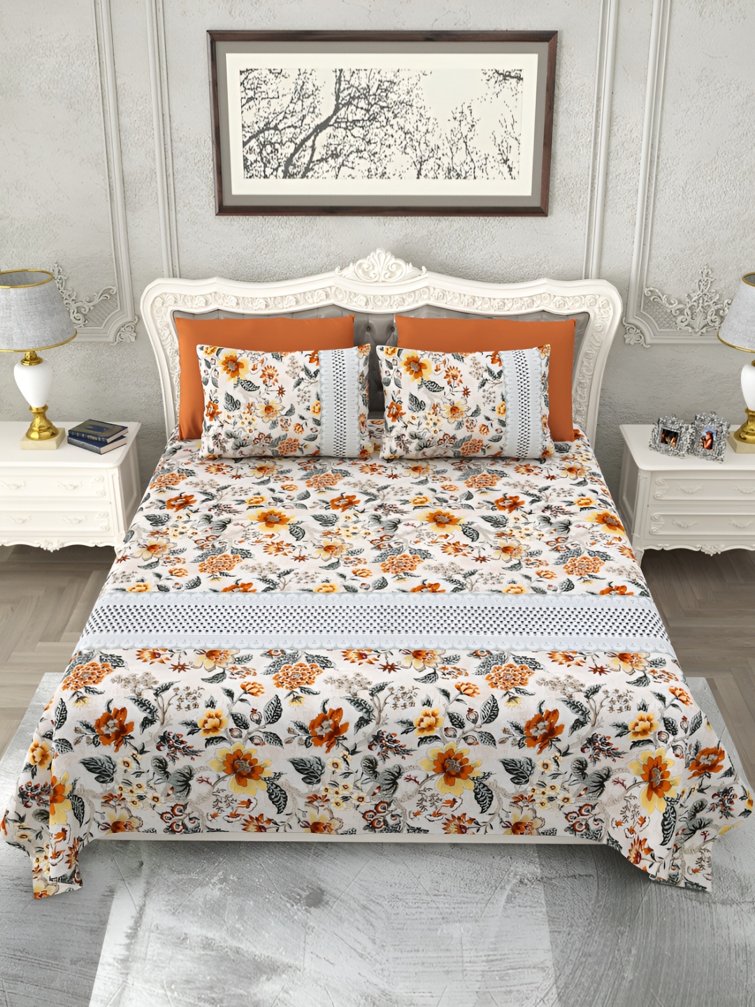 

SHOOLIN White & Blue Floral Pure Cotton King Bedsheet with 2 Pillow Covers
