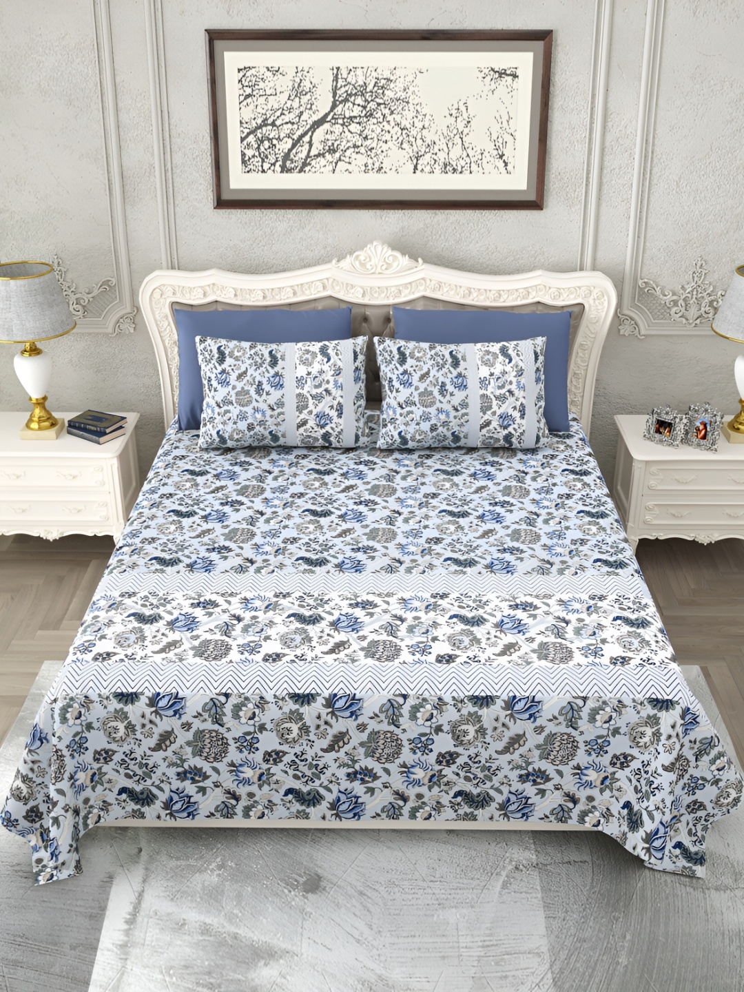 

SHOOLIN White & Blue Floral Printed King Bedsheet with 2 Pillow Covers