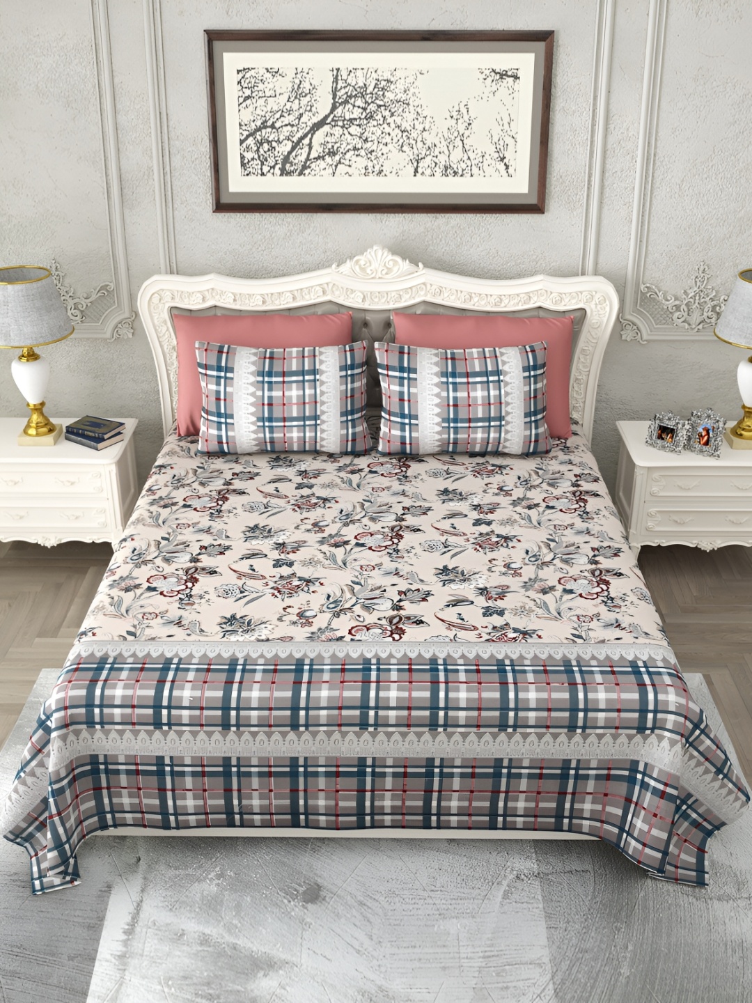 

SHOOLIN Grey & White Floral Pure Cotton King Bedsheet with 2 Pillow Covers
