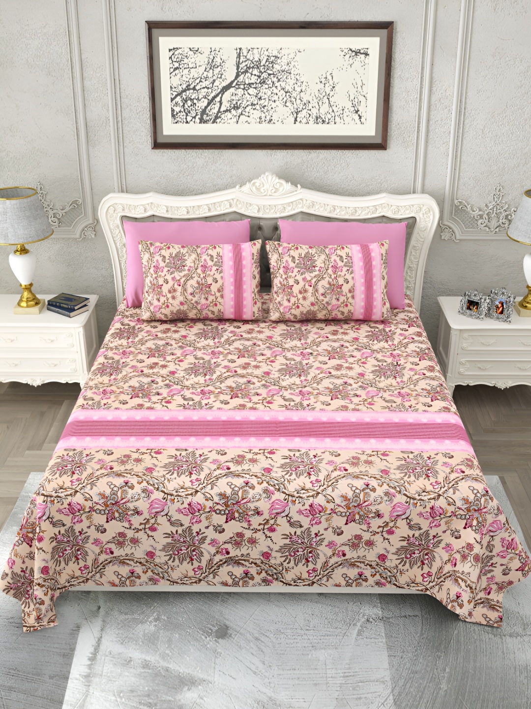 

SHOOLIN Peach & Pink Floral Printed King Bedsheet with 2 Pillow Covers