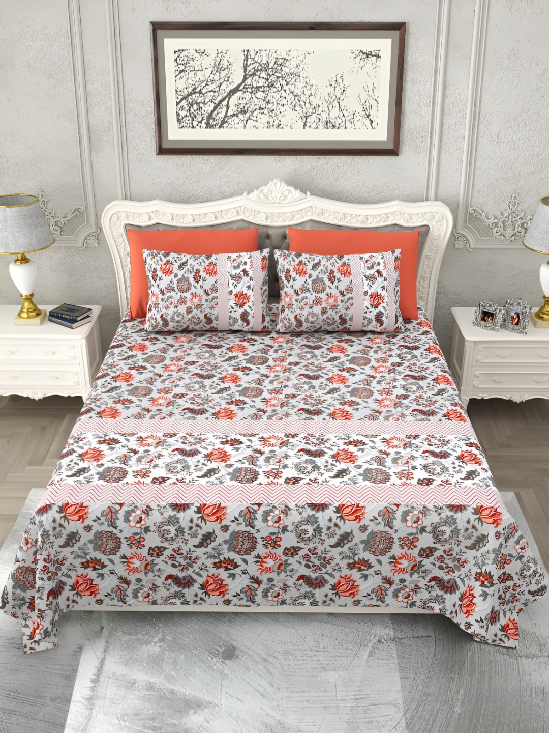 

SHOOLIN Grey & Orange Floral Pure Cotton King Bedsheet with 2 Pillow Covers