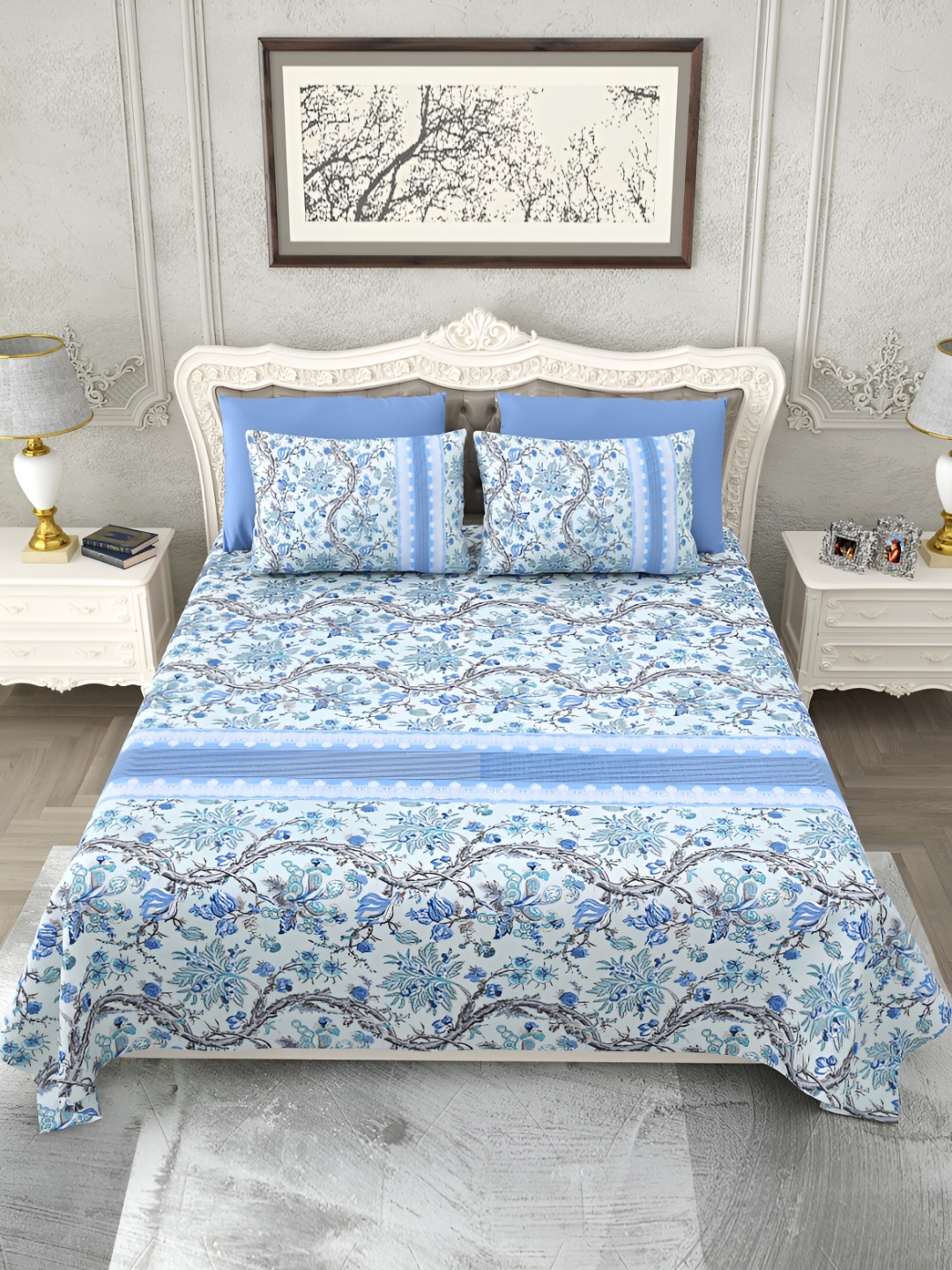 

SHOOLIN Blue & Grey Floral Pure Cotton King Bedsheet with 2 Pillow Covers