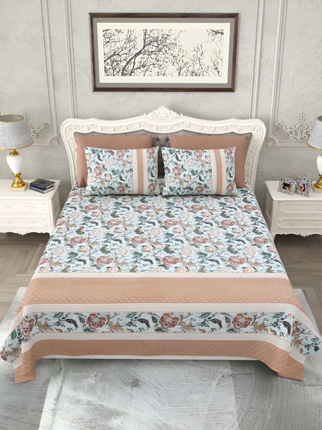 

SHOOLIN Blue & Brown Floral Pure Cotton King Bedsheet with 2 Pillow Covers